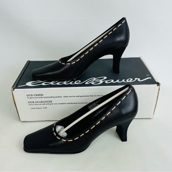 Eddie Bauer Shoes - Eddie Bauer Pumps Heels Dark Brown Leather Squared Toe Slip On Shoes Size 7M